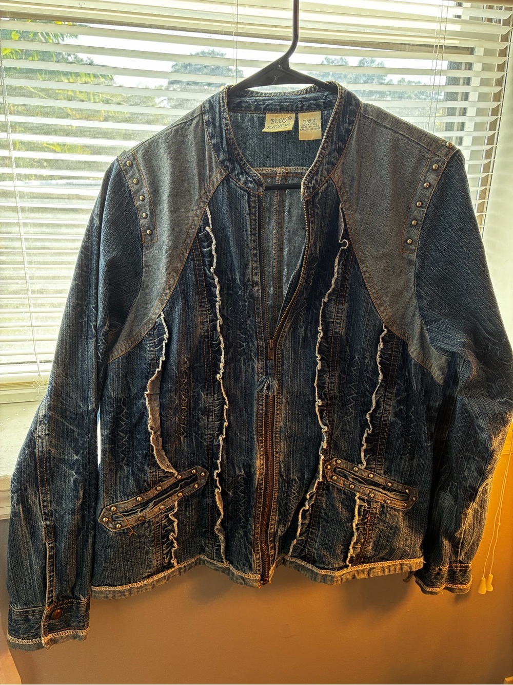 Ruff Hewn Women's Distressed Dark Blue Ruffle-Trim Denim Jacket